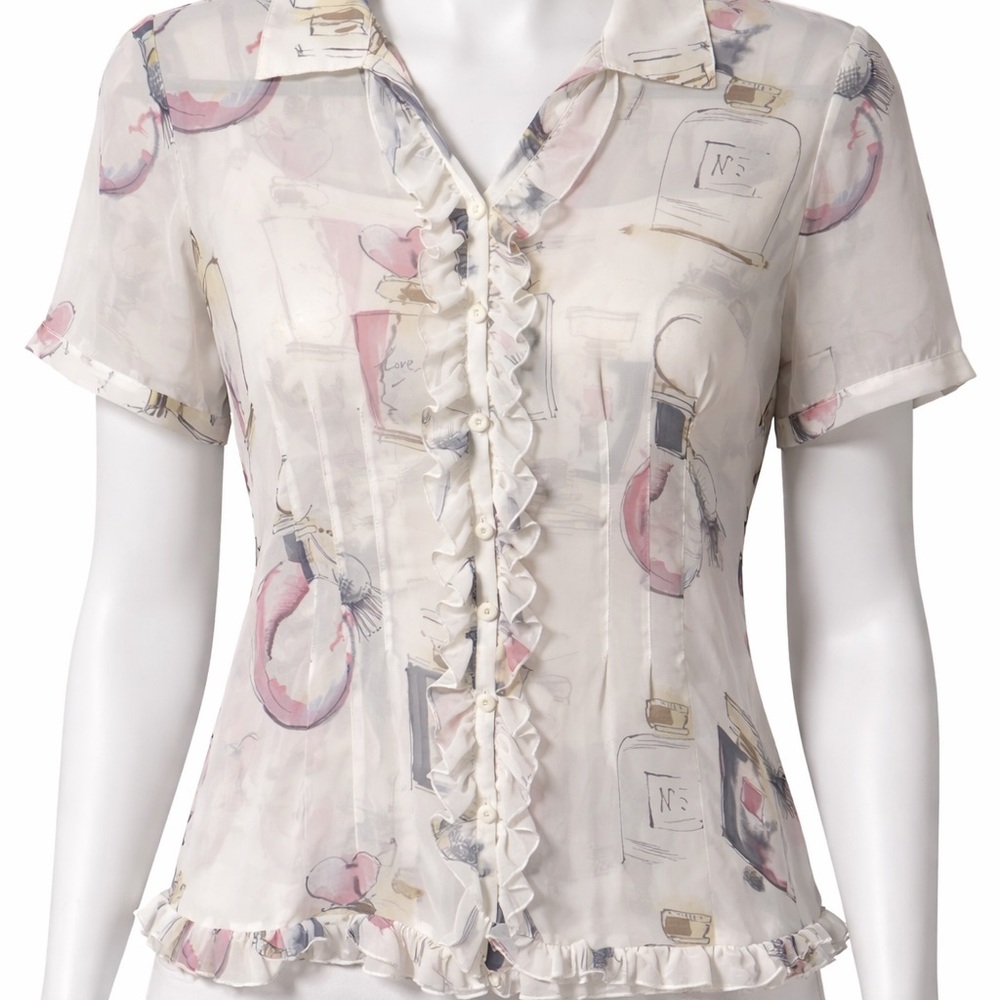 CAbi Cream Ruffle Button-Front Blouse with Pink and Gray Print